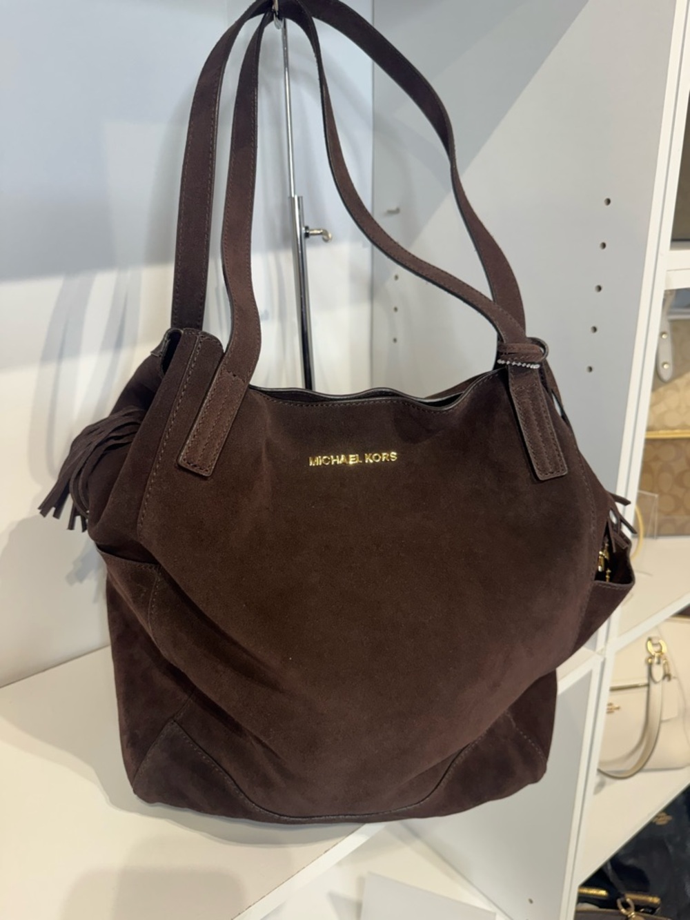 Michael Kors Dark Brown Suede Hobo Tote with Gold MK Charm - Picture 3 of 3